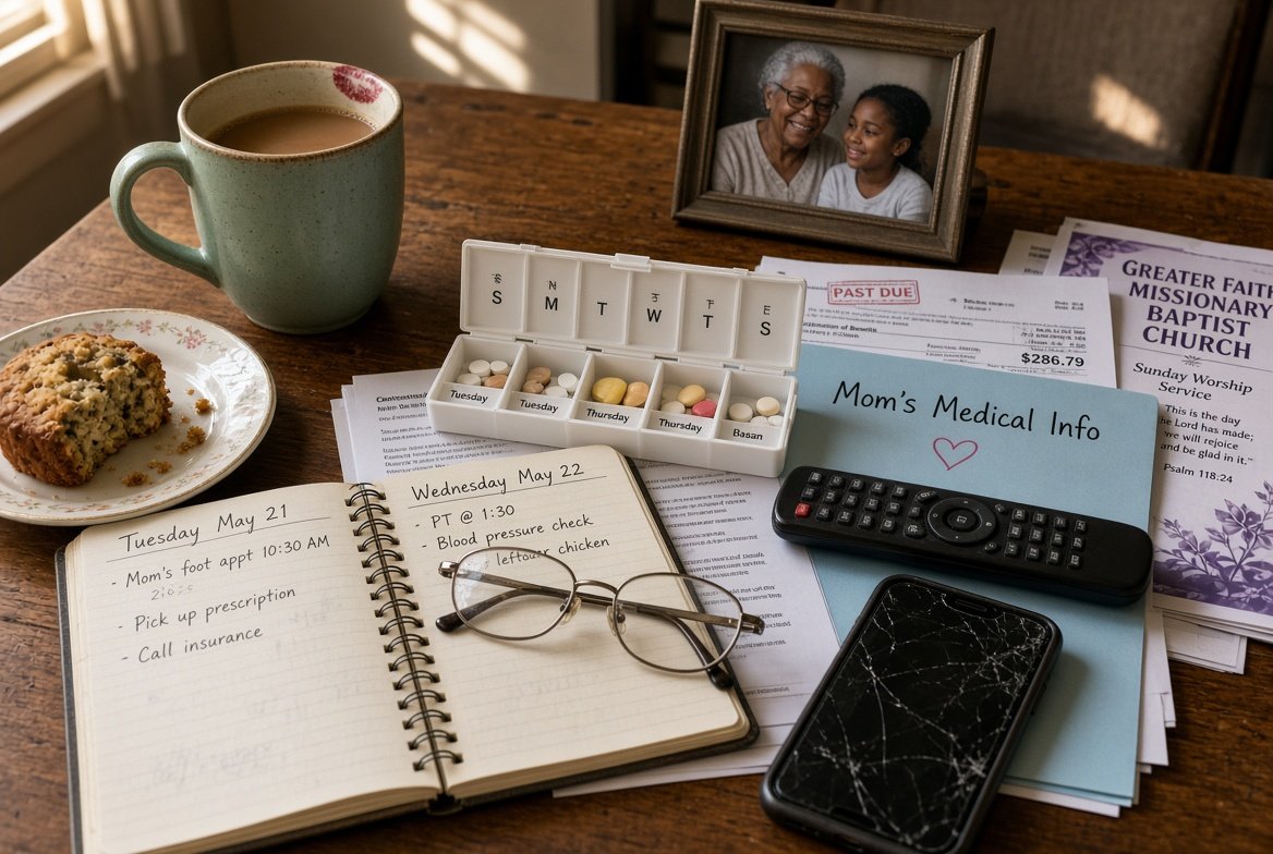 Real caregiving table — messy, lived-in, honest